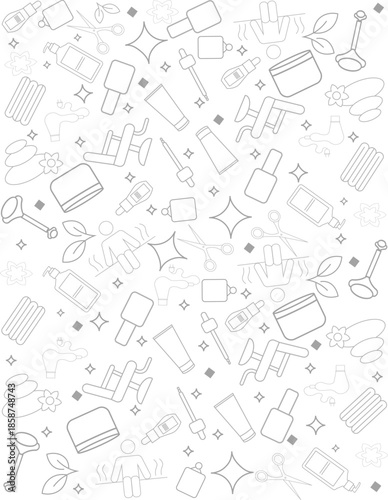 Seamless spa and beauty salon pattern with line icons of skincare, hair care, wellness, and cosmetic tools on white background.