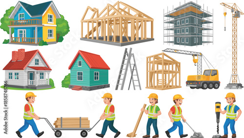 Construction workers, house building, architectural stages, safety gear, scaffolding, crane, wooden frame, tools, vector art, residential design, teamwork