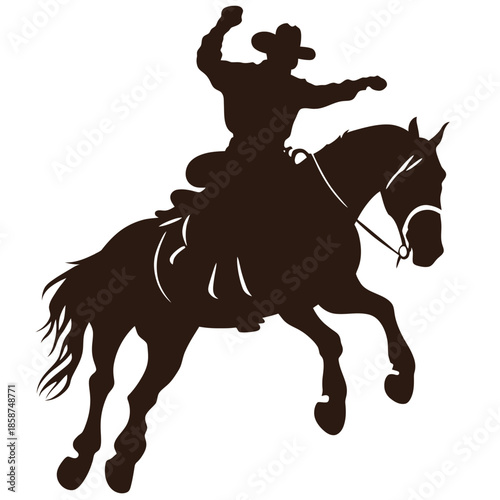 Silhouette of rodeo cowboy riding bucking horse with raised arm wearing cowboy hat western horse riding and rodeo sport vector illustration