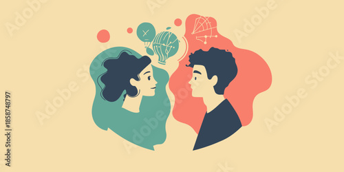 Profile portraits of man and woman with abstract colorful shapes and scientific icons representing creativity communication and idea exchange in flat vector style