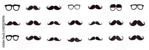 Collection of black vintage curly and straight mustache silhouettes with glasses flat minimalist style facial hair barber icons set vector illustration