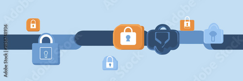 Flat vector illustration of abstract cyber security locks and chain links symbolizing data protection and secure digital communication concept design