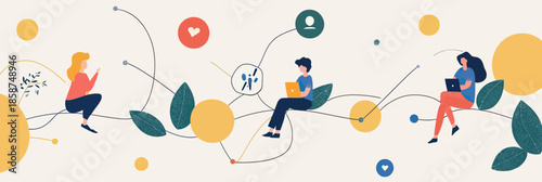 Vector illustration of diverse people using laptops and smartphones connected by abstract social network with icons and leaves on light background