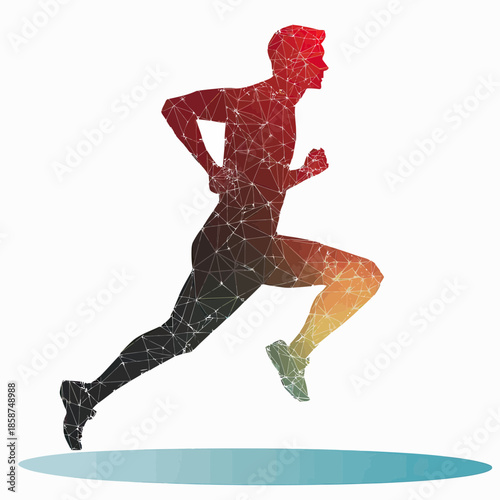 Silhouette of running man in dynamic sprint pose with abstract geometric network overlay and gradient color effect on white background for fitness and sport concept