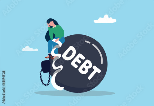 Debt or NPL problem, loan or lending crisis, overspending mistake causing debt burden, recession or bankruptcy, credit default concept, young woman with overdue bill payment chained with debt burden