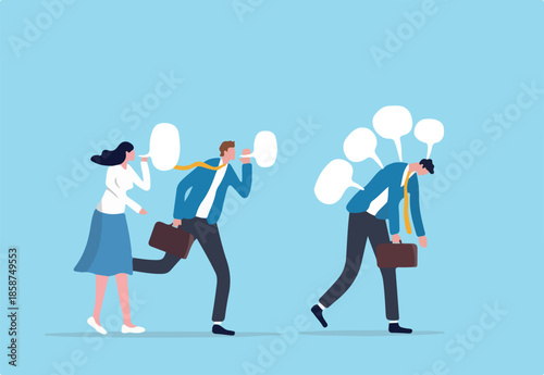 Workplace gossip, talking behind in the office, work bullying, chatter or rumor, rudeness voice or wrong information telling concept, business people gossip or talk behind colleagues in the office.