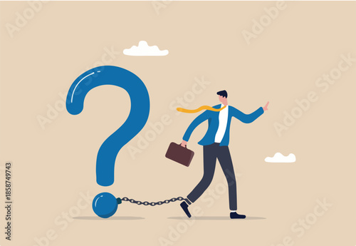 Struggle with unanswered question, problem or difficulty, hard questions or unsolvable quest concept, frustrated businessman chained with huge large question mark burden.