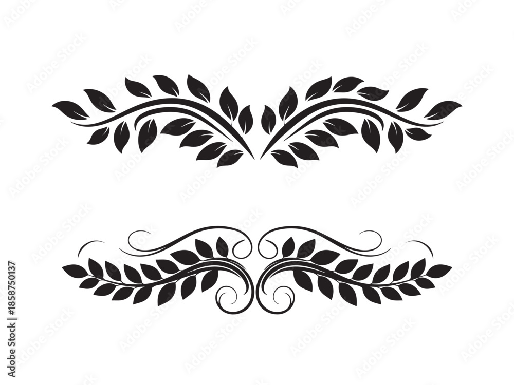 Fototapeta premium Elegant black floral and leaf design elements showcasing decorative swirls and botanical ornamentation
