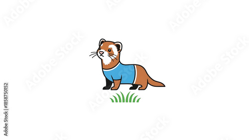 A cute cartoon ferret with brown fur and white markings, wearing a blue shirt, standing on green grass