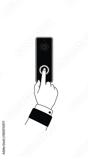 A minimalist illustration of a human hand pressing the illuminated button of a modern smart video doorbell system