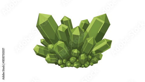 A vibrant cluster of green-colored, faceted crystals, rising sharply from a base, isolated on white