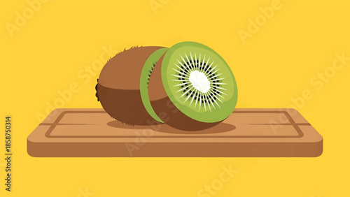 A vibrant illustration of a whole and sliced kiwi fruit on a brown cutting board, set against a bright yellow background