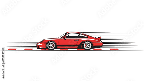 A vibrant red sports car with speed lines on a white background, suggesting rapid motion on a track