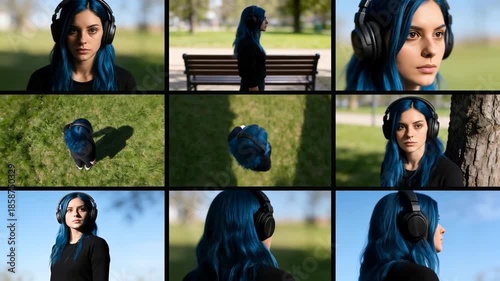 A collage of a blue-haired woman in headphones exploring a park from various angles, shadows, and silhouettes, from an animated video with unique frame animations