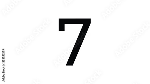 A bold black digit seven with sharp edges centrally placed against a pure white background