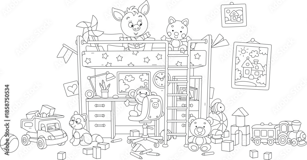 Obraz premium Happy little piglet romping with scattered funny toys in a nursery playroom, black and white vector cartoon illustration for a coloring book