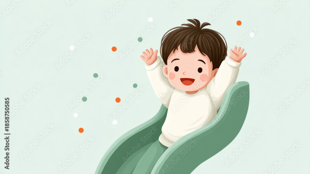 © istorsvetlana - Joyful asian child sliding down playground slide with raised hands