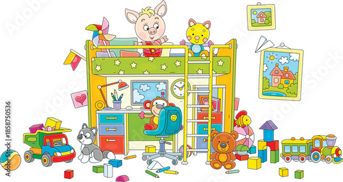 Happy little pink piglet romping with scattered funny toys in a nursery playroom, vector cartoon illustration isolated on a white background