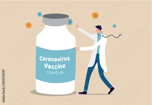 Coronavirus COVID-19 vaccine discovery, drug or medicine to heal COVID-19 disease concept, Doctor or medical researcher presenting Coronavirus vaccine big bottle with virus pathogen around.