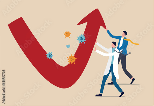 Fight to stop Coronavirus COVID-19 outbreak crisis, help save economy and business to survive in financial crisis concept, businessman government and doctor medical worker help pushing economic graph