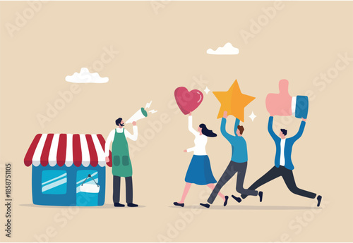 Customer loyalty or retention, marketing strategy for return customer, CRM to increase sale and satisfaction concept, store owner with megaphone tell loyalty customers with brand positive feedback. 