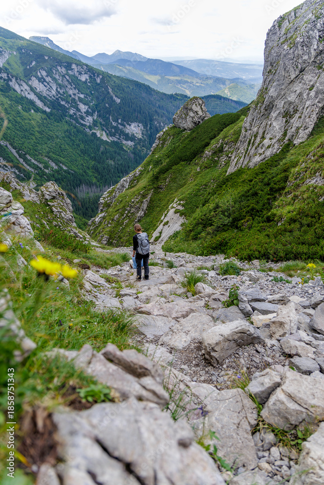 Naklejka premium Hiker Descending Steep Rocky Mountain Pass