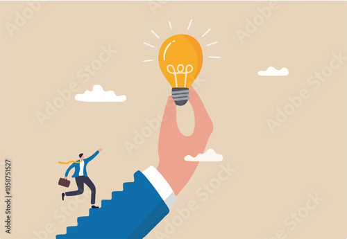 Inspiration idea to inspire or motivate people to success, business innovation or creativity, solution or invention concept, businessman step on stair of big hand holding inspiring bright lightbulb.