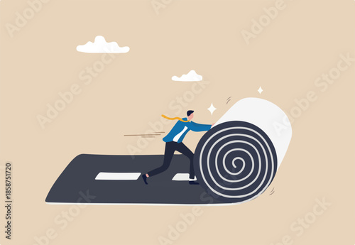 Develop career path or create success way, begin new road to achieve target or entrepreneur plan ahead way their own way concept, confident businessman rolling the road carpet to walk to success