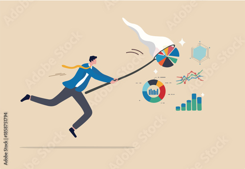 Collect data, statistics or datum diagram, information, research and analysis info, data consolidation, clensing or big data process concept, businessman catch data graph and chart with butterfly net