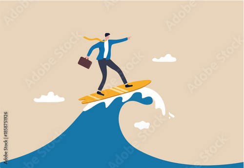 Follow business trend or momentum, challenge to overcome difficulty, professional experience worker or career development concept, expert businessman surfing or riding wave to success direction