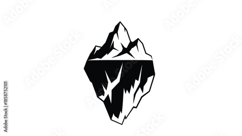 A minimalist black and white graphic illustration depicting an iceberg, both above and below the water line