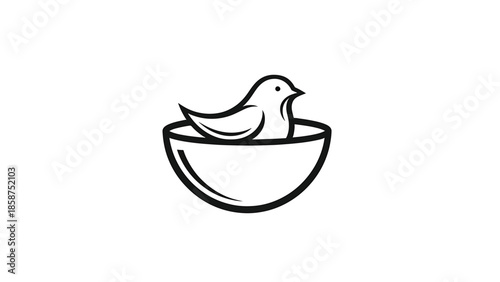 A minimalist black outline illustration of a small bird nestled comfortably inside a simple bowl or nest