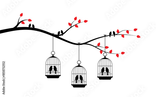 Bird in cages on tree branch