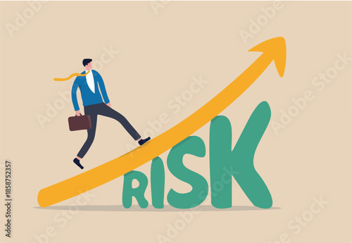 High risk high return stock market investment, trade off of risky investment asset rewarding growth return concept, confident smart investor walking on grow up stock market graph above the word Risk