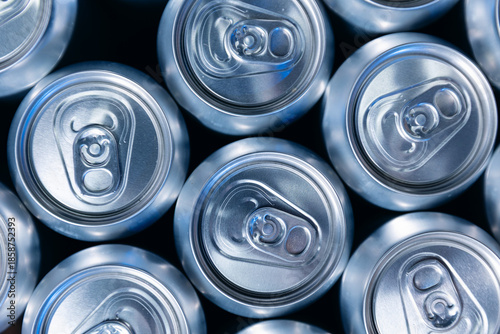 фотографія Top view of aluminum cans in beer production facility