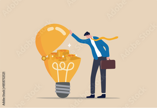 Make money idea, innovation or technology investment or creativity to make profit concept, smart businessman open bright lightbulb idea and found compound earning profit money coins.