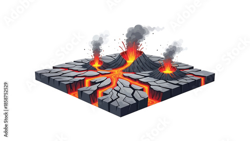 An isometric illustration of an active volcanic landscape with three erupting volcanoes and flowing lava