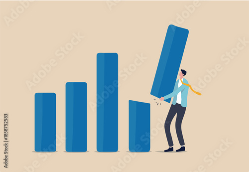 Revenue forecast cut, stock market price correction or global economic slow down due to Coronavirus COVID-19 crisis concept, businessman financial advisor or expert cut and hold piece of bar graph.