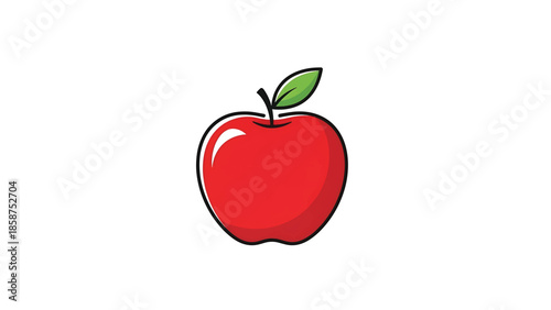 A cartoon-style illustration of a vibrant red apple with a green leaf and brown stem on a white background