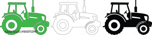 Modern farm tractor vector graphic set in green solid color outline and black silhouette ideal for agricultural machinery design