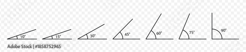 Set of different acute and right angles shown with degree measurements, including 10, 15, 30, 45, 60, 75, and 90 degrees, illustrating angle types in geometry