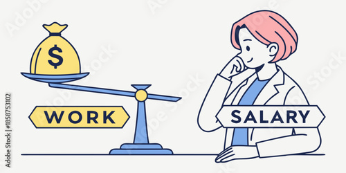 Business woman considering salary and work balance illustration