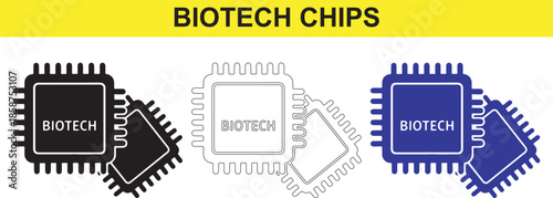 Biotech microchip icons in different colors and line styles