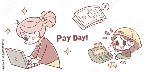 Pay Day illustration with working woman and child playing shop