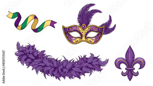 A vibrant Mardi Gras mask and feather boa on a black background