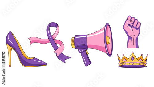 A vibrant illustration of feminist symbols on a black background