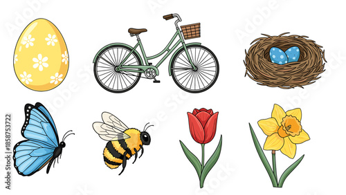 A colorful illustration of springtime objects on a black background