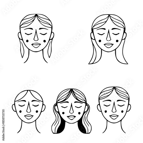 Clean vector UI icon set representing emotional states in wellness apps using abstract facial geometry, minimal mental health interface symbols, mood tracking visuals, calm modern design for wellbeing