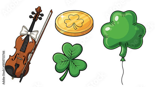 A festive St. Patrick's Day scene with a violin and lucky charms