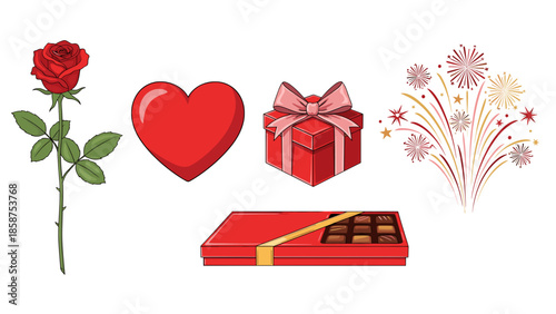 A romantic Valentine's Day scene with chocolates and a red rose